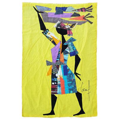 Colorful Tapestry of an Abstract Woman in a Patchwork Garment Carrying a Basket