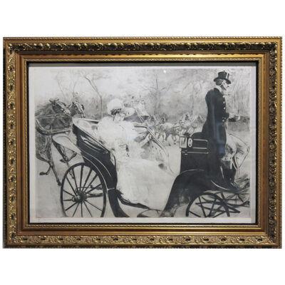 "La Promanade" Black and White Print of a Women in a Carriage Engraving