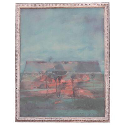 1950s "Terraced Landscape", Abstract, Pastel Colored Landscape Painting
