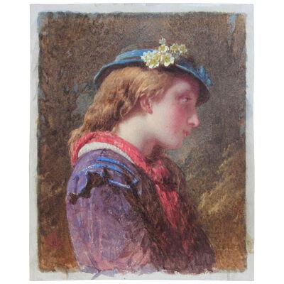 Henry Lejeune Portrait of Girl with Blue Fascinator Watercolor 19th Century