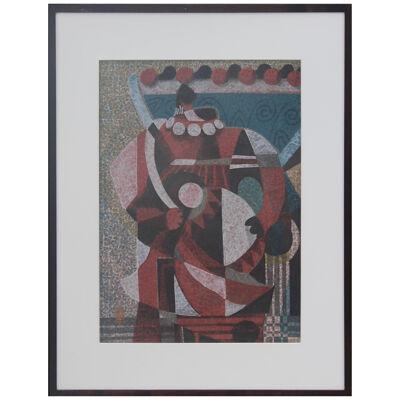 Mid Century Figure Holding A Drum Japanese Cubist Woodblock Print