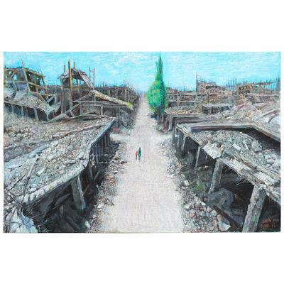 Ravages of War in Lebanon with Two People Impressionist Landscape Painting