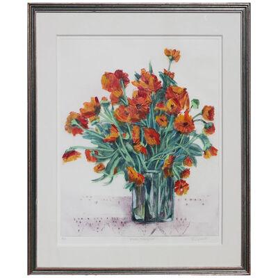 Abstract Contemporary Interior Still Life Print of Marigolds in a Teal Vase