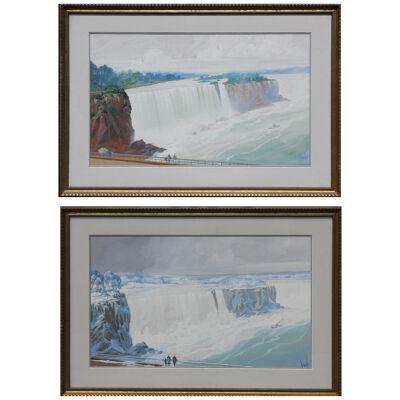 Maude Leach Niagra Falls Spring and Winter Watercolor Landscapes 1920s - a Pair