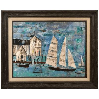 Chester D Snowden Cool-Colored Abstract Expressionist Sailboats & Boat House 60s