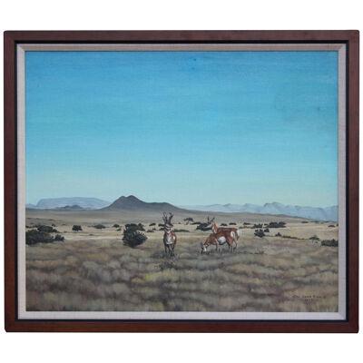 Cal Dean Hill Jr. Desert Landscape Painting of Three Pronghorn Antelopes Realism
