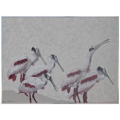 1970s Realism Roseata Spoonbill Acrylic Painting