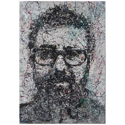 Matt Aston Silver, Black, and Red Portrait Abstract Splatter Painting on Canvas