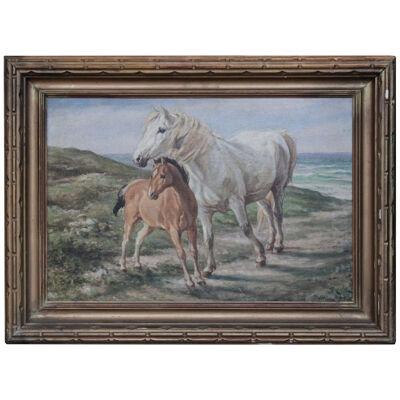 Realism Hungarian Equestrian Horses Oil Painting 1940s