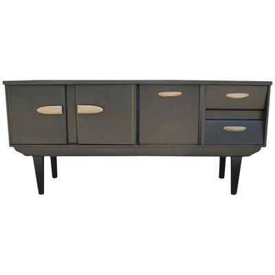 Mid Century Modern Restored Black and Natural Wood Finish Angled Drawer Credenza