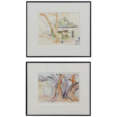 Early 21st Century Botswana Impressionist Watercolor Landscapes - a Pair