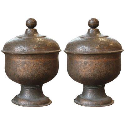 Stunning Persian Etched Copper Pedestal Urns or Centerpieces - a Pair