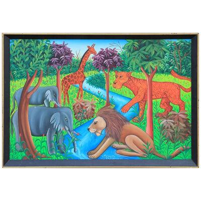 Smith Blanchard Surrealist Jungle Animals Painting by Haitian Artist