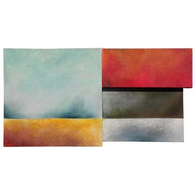 Blue, Red, and Yellow Modern Abstract Sculptural Stretched Canvas Painting	
