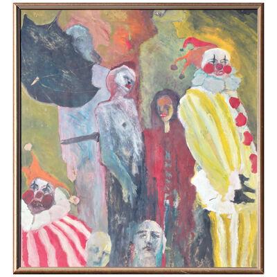 Colorful Surreal Abstract Expressionist Painting of a Macabre Group of Clowns