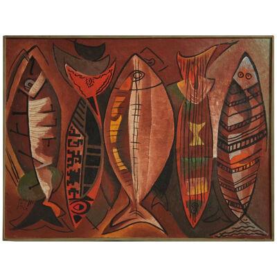 Jeanne Ann Enos Red Cubist Style Tribal Fish Abstract Painting 20th Century