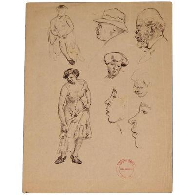 Emile Lejeune "Figurative Study of a Women and Man" Realism Sketch on Paper