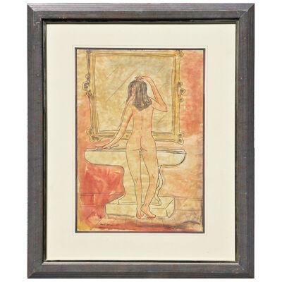 Orange Toned Modern Abstract Nude Female Bather Watercolor Painting