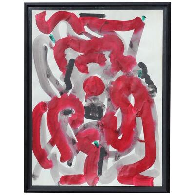 1980s Contemporary Red and Grey Gestural Acrylic Line Painting