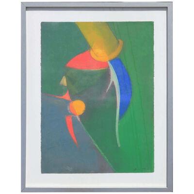 Mid 20th C "Green, Yellow, Blue and Red Abstract"Painting by Béla Birkás, Framed