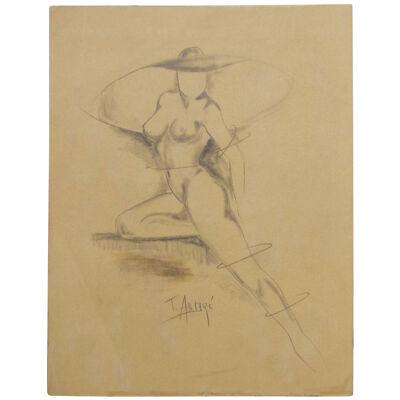 Mid-Century Figurative Nude Study of a Woman in a Hat Charcoal on Paper 1960s