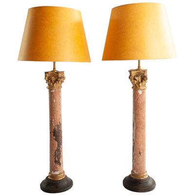 Pair of Tall Giltwood and Gesso Corinthian Capital Table Lamps