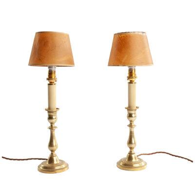 A Pair of French 19th Century Brass Candlesticks Converted into Table Lamps.