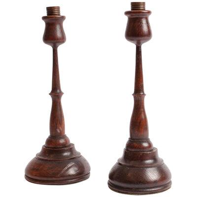 A Pair of Late 19th Century English  Art Nouveau Hand Turned Wooden Candlesticks