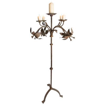 A French Wrought Iron Standing Candelabra Decorated with Lillies