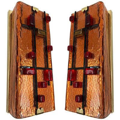 Contemporary Pair of Brass and Coral Murano Glass Sconces, Italy