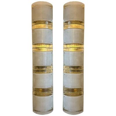 Large Contemporary Pair of Brass and White Stripe Murano Glass Sconces, Italy