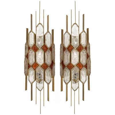 Large Pair of Hammered Glass Gilt Wrought Iron Sconces by Longobard, Italy.1970s