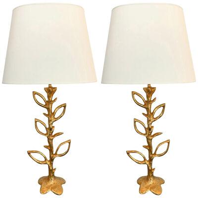 Pair of Gilt Bronze Plant Lamps by Stephane Galerneau, France, 1990s