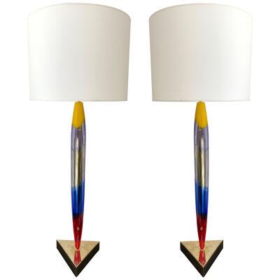 Contemporary Pair of Brass Murano Glass Plume Lamps, Italy