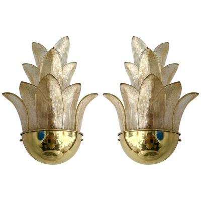 Contemporary Pair of Brass and Gilt Murano Glass Palm Tree Sconces, Italy