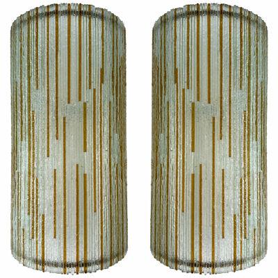 Large Pair of Hammered Amber Glass Ice Sconces by Poliarte, Italy, 1970s