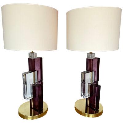 Contemporary Pair of Lamps Amethyst Cubic Murano Glass and Brass, Italy
