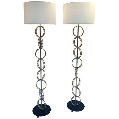 Contemporary Pair of Floor Lamps Brass Ring, France