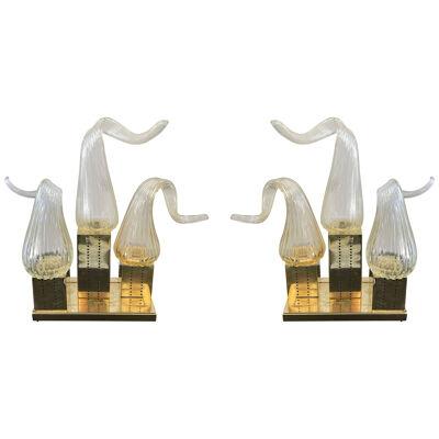 Contemporary Pair of Brass Murano Glass Flame Lamps, Italy