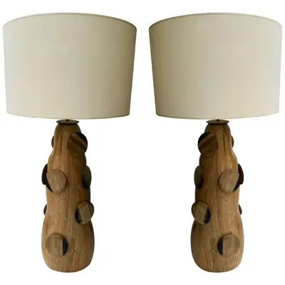 Contemporary Pair of Wood Discs Lamps, Italy
