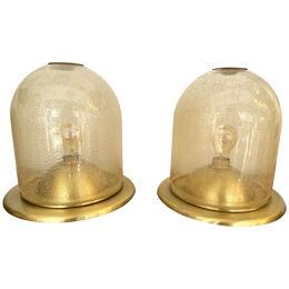 Pair of Lamps Brass and Gold Bubble Murano Glass by F. Fabbian, Italy, 1970s