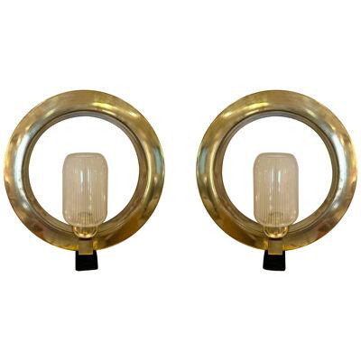 Contemporary Pair of Circle Brass and Murano Glass Sconces, Italy