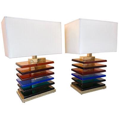 Contemporary Pair of Brass and Multicolor Murano Glass Blade Lamps, Italy