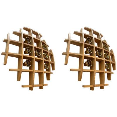 Pair of Wood and Brass Sconces Ceiling by Esperia. Italy, 1970s