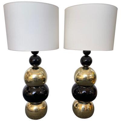 Contemporary Pair of Brass Murano Glass Atomo Lamps, Italy