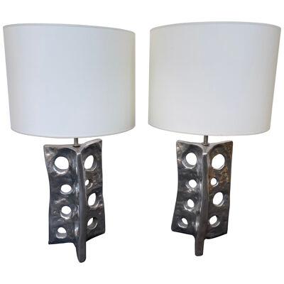 Contemporary Pair of Holey Cast Silver Metal Lamps. Italy