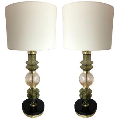 Contemporary Pair of Brass Murano Glass Lamps, Italy