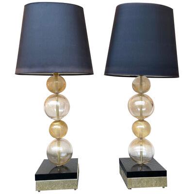 Contemporary Pair of Gold Bubble Murano Glass and Brass Lamps, Italy