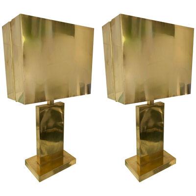 Pair of Brass Table Lamps Brass Shades. France, 1970s
