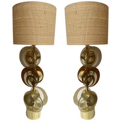 Contemporary Pair of Brass and Murano Glass Spiral Disc Lamps, Italy